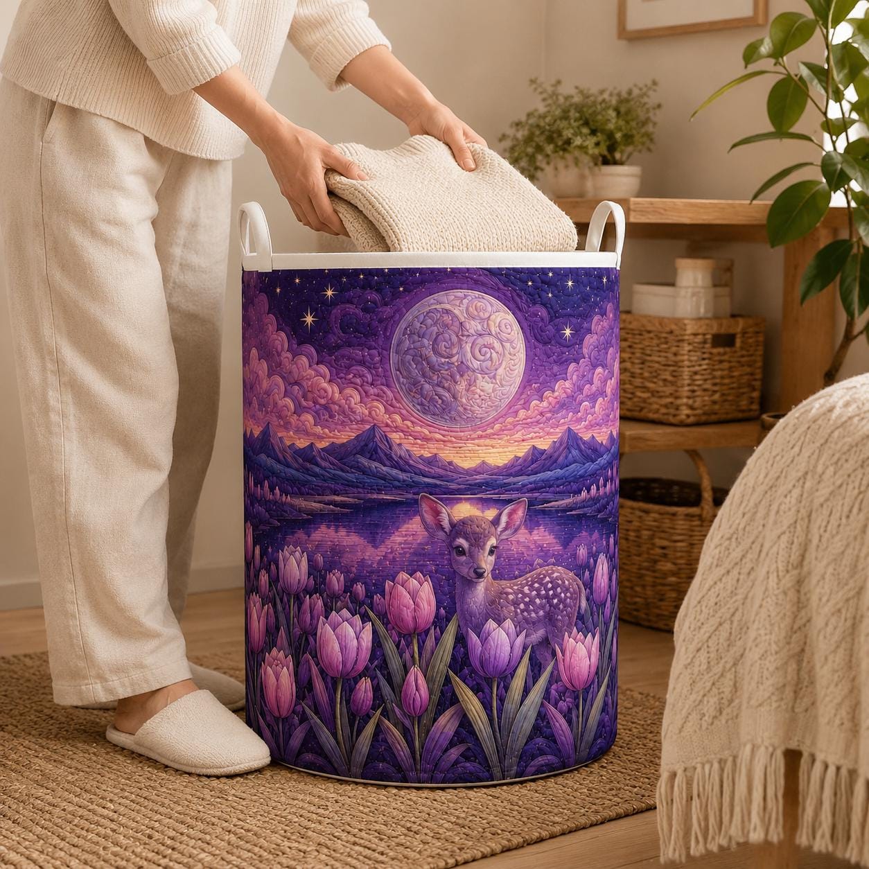 Deer Laundry Hamper with Quilt Style Moonlit Forest Storage Basket and Purple Tulip Clothes Bin, Celestial Woodland Laundry Room Decor - photo 4