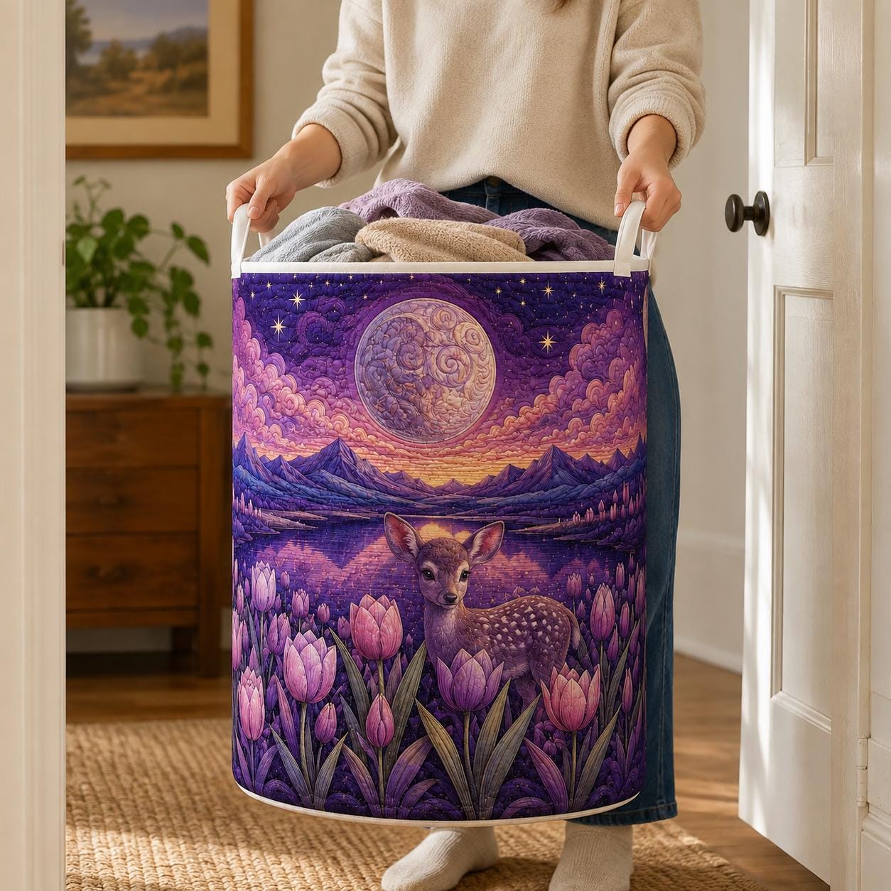 Deer Laundry Hamper with Quilt Style Moonlit Forest Storage Basket and Purple Tulip Clothes Bin, Celestial Woodland Laundry Room Decor - photo 5