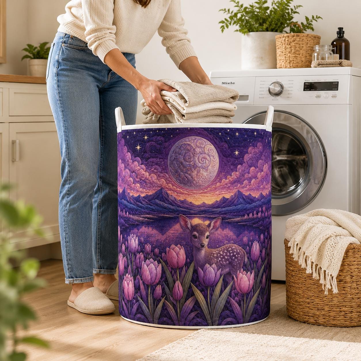 Deer Laundry Hamper with Quilt Style Moonlit Forest Storage Basket and Purple Tulip Clothes Bin, Celestial Woodland Laundry Room Decor - photo 6