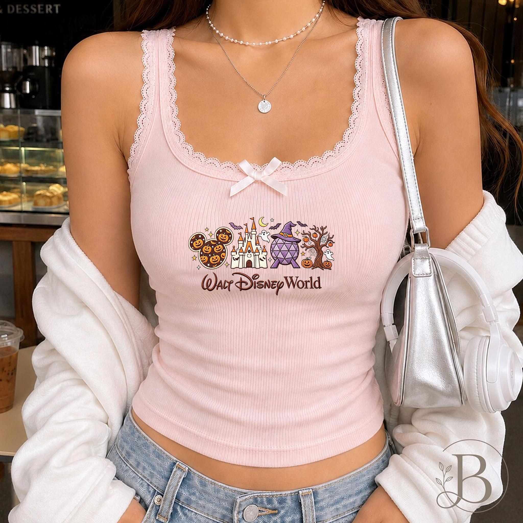 Embroidered Walt Disney World Halloween Baby Tee Crop Tank – Not So Scary Party Shirt and Spooky Season Lace Trim Tank Top - photo 4