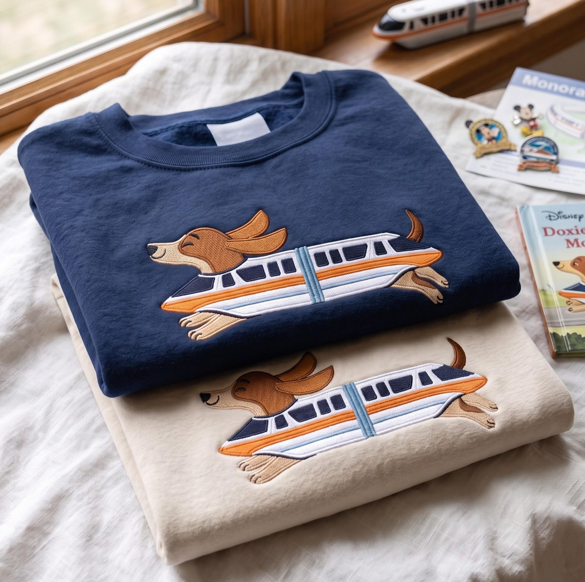 Embroidered Retro Monorail Dachshund Sweater and Disney World Vacation Shirt – Doxie Lover Gift for Park Days