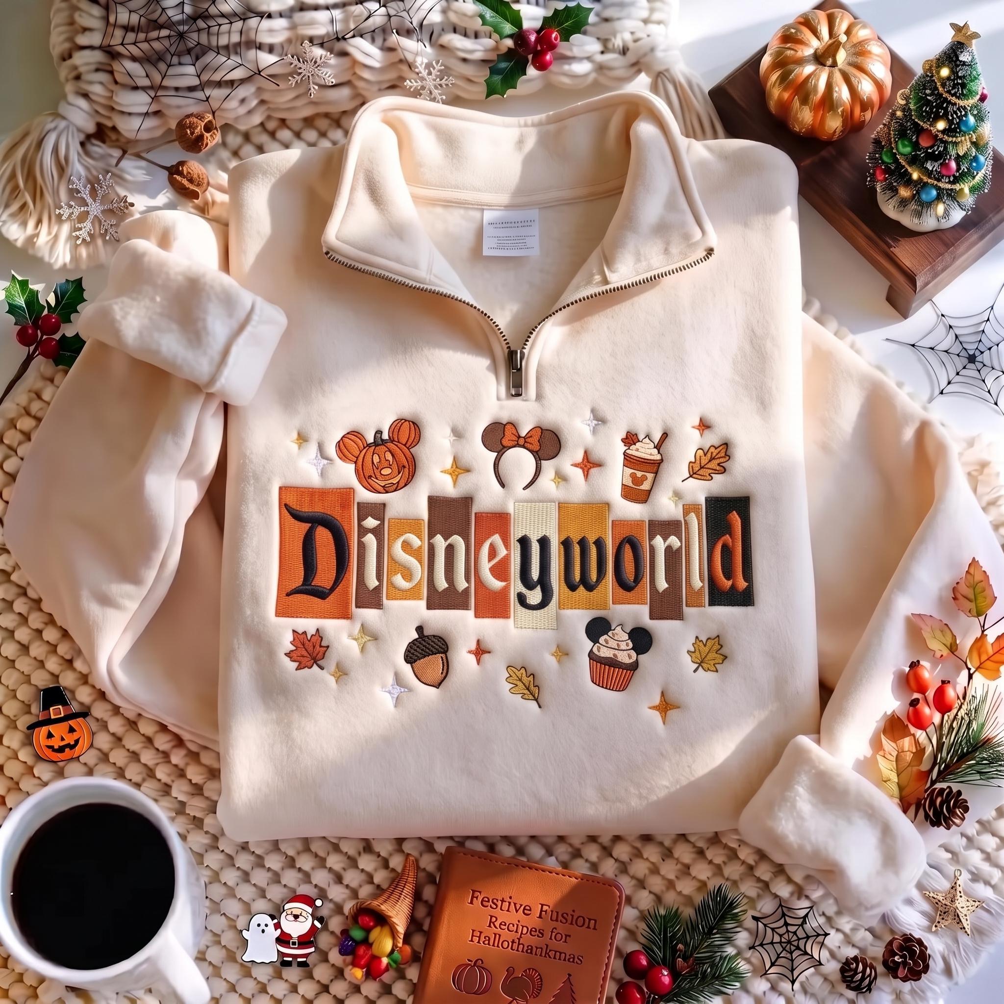 Embroidered Disney World Fall Quarter Zip Sweatshirt with Mickey Pumpkin – Magical Land Autumn Halloween Pullover Outfit
