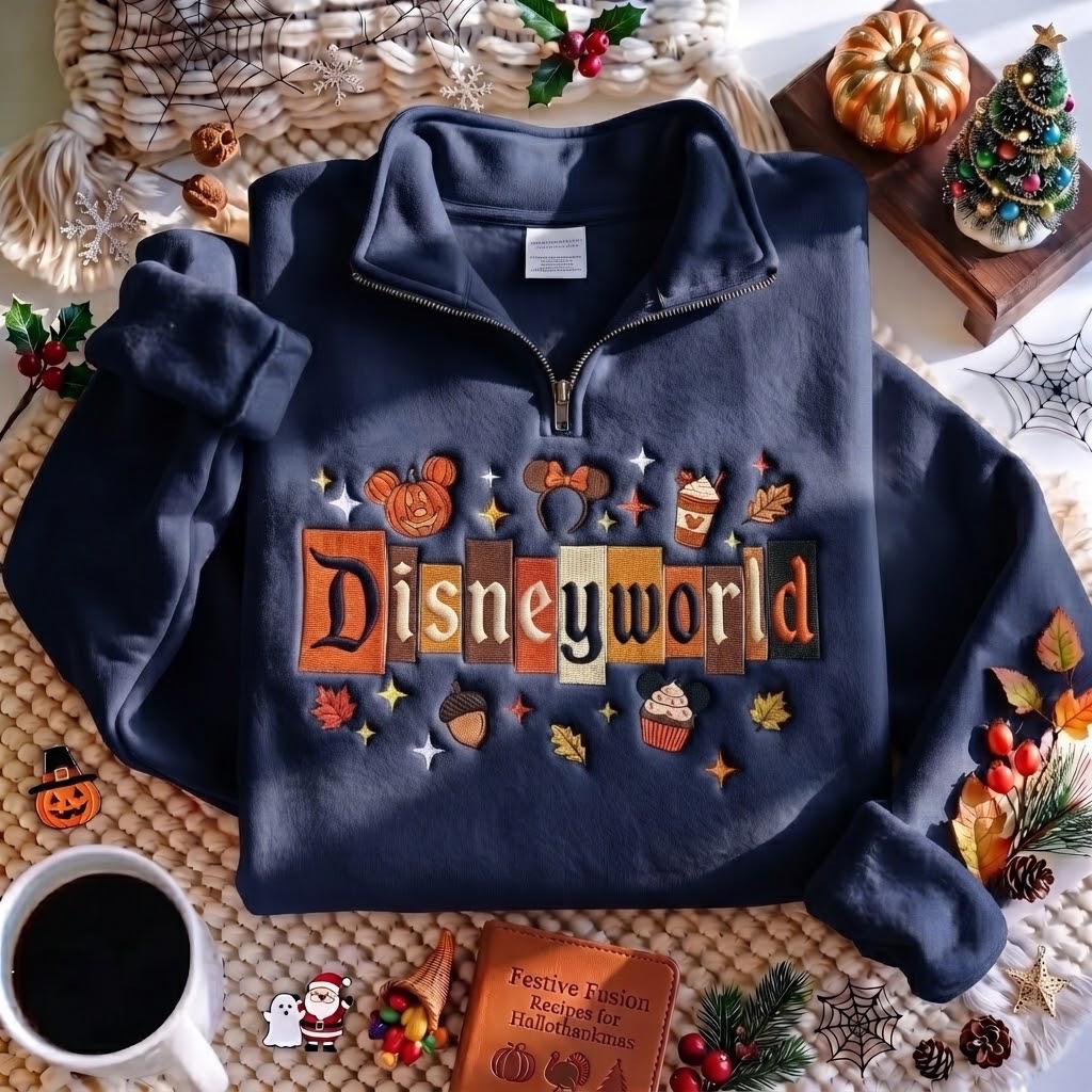 Embroidered Disney World Fall Quarter Zip Sweatshirt with Mickey Pumpkin – Magical Land Autumn Halloween Pullover Outfit - photo 2