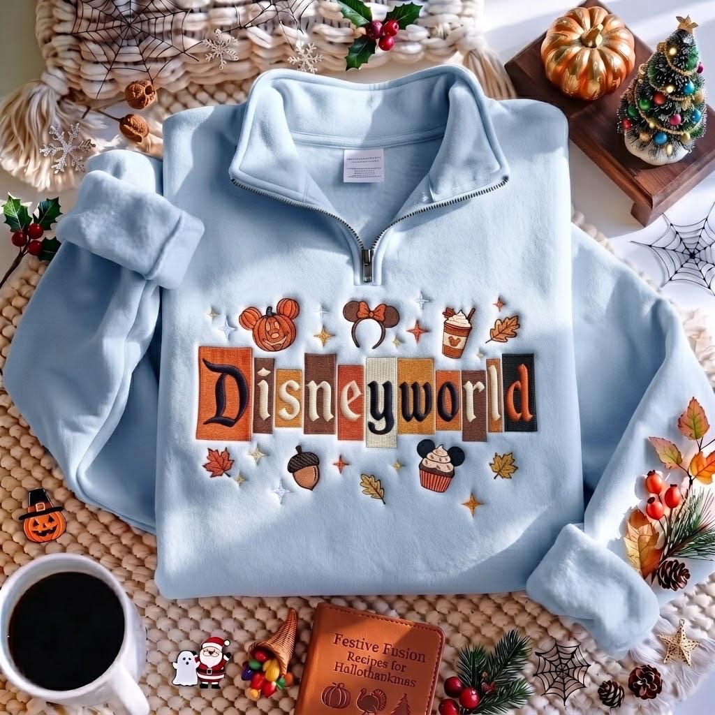 Embroidered Disney World Fall Quarter Zip Sweatshirt with Mickey Pumpkin – Magical Land Autumn Halloween Pullover Outfit - photo 3