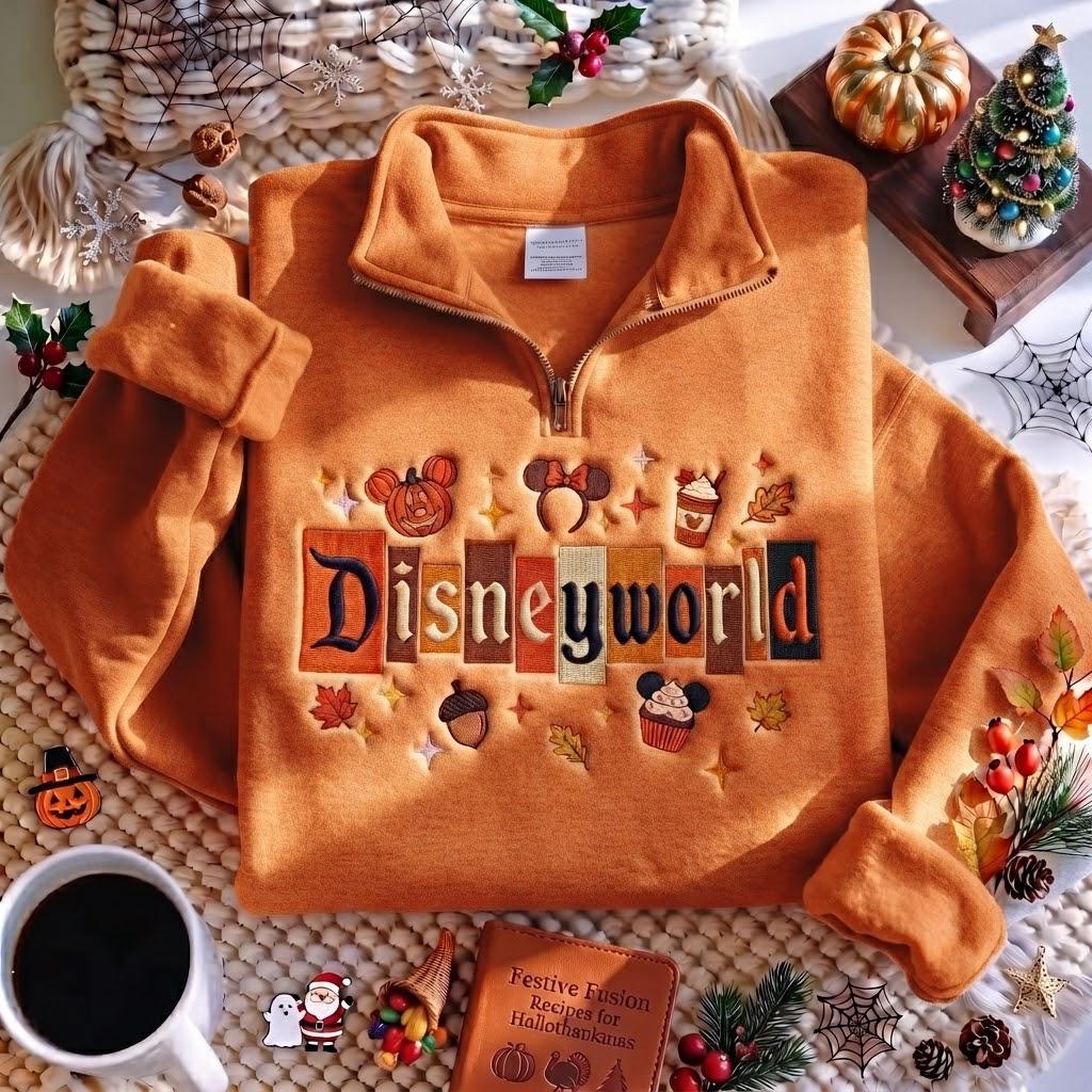 Embroidered Disney World Fall Quarter Zip Sweatshirt with Mickey Pumpkin – Magical Land Autumn Halloween Pullover Outfit - photo 4