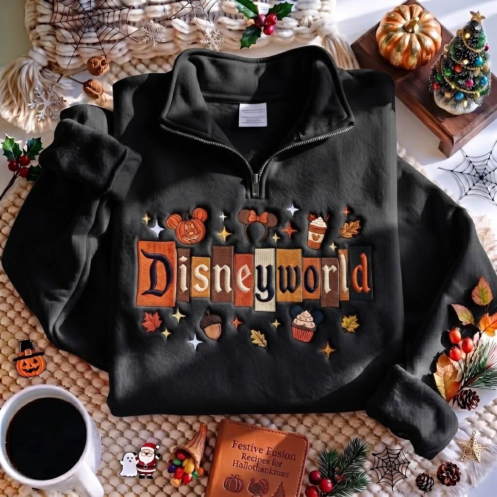Embroidered Disney World Fall Quarter Zip Sweatshirt with Mickey Pumpkin – Magical Land Autumn Halloween Pullover Outfit - photo 5