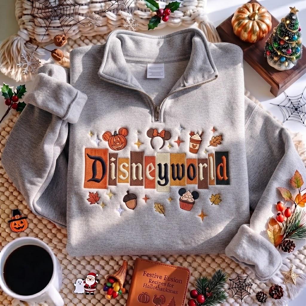 Embroidered Disney World Fall Quarter Zip Sweatshirt with Mickey Pumpkin – Magical Land Autumn Halloween Pullover Outfit - photo 6