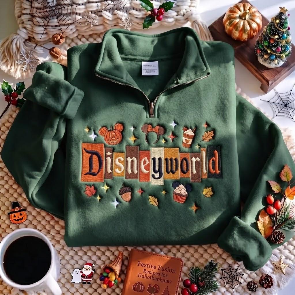 Embroidered Disney World Fall Quarter Zip Sweatshirt with Mickey Pumpkin – Magical Land Autumn Halloween Pullover Outfit - photo 7