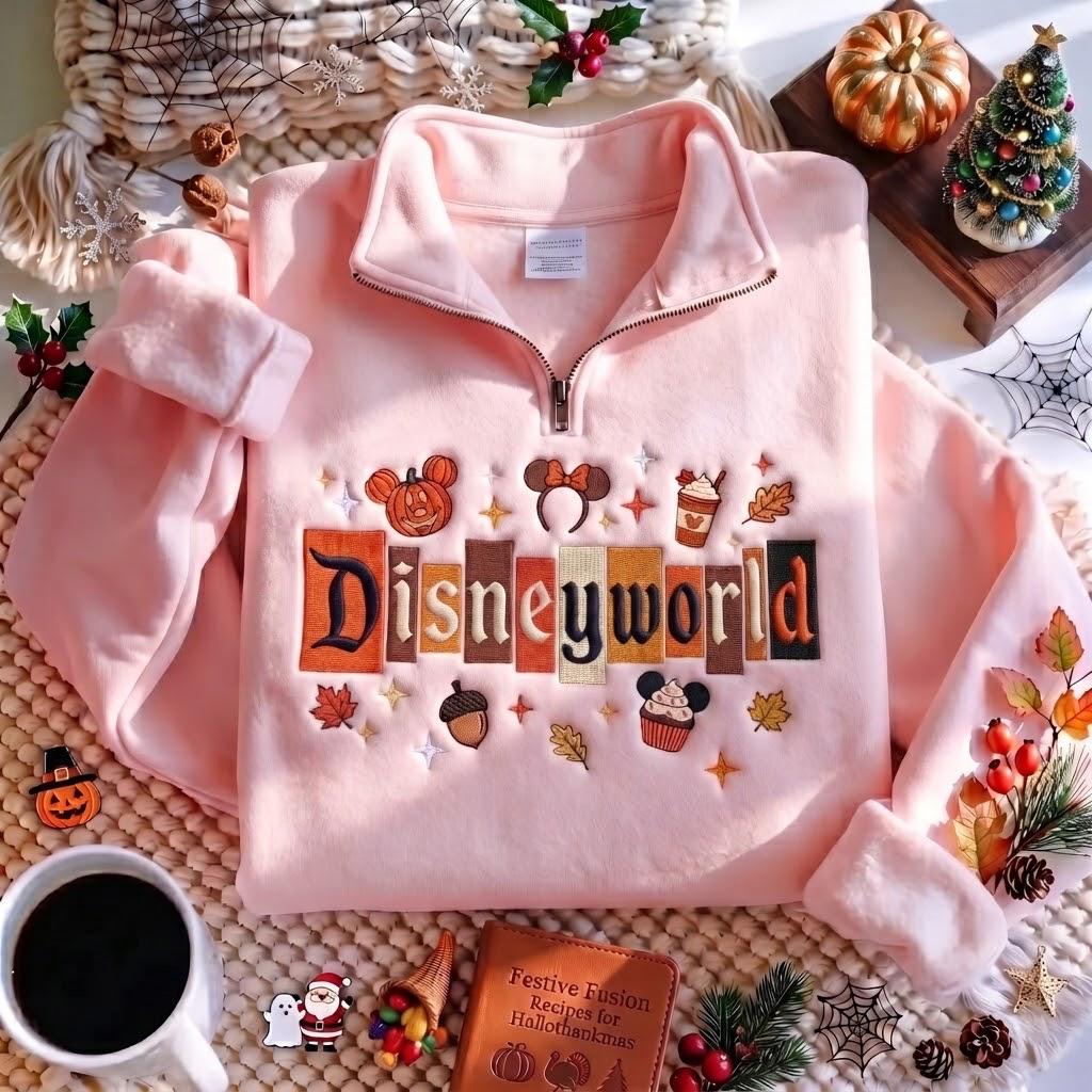 Embroidered Disney World Fall Quarter Zip Sweatshirt with Mickey Pumpkin – Magical Land Autumn Halloween Pullover Outfit - photo 8