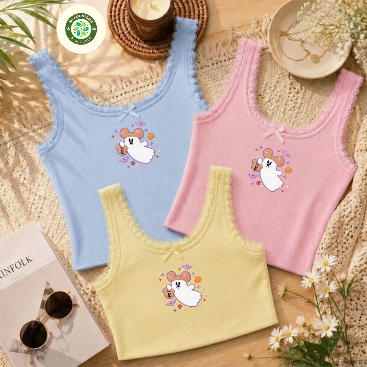 Embroidered Mickey Boo to You Lace Trim Tank Top with Ghost and Pumpkin – WDW Disneyland Halloween Party Baby Tee Crop Tank - photo 2