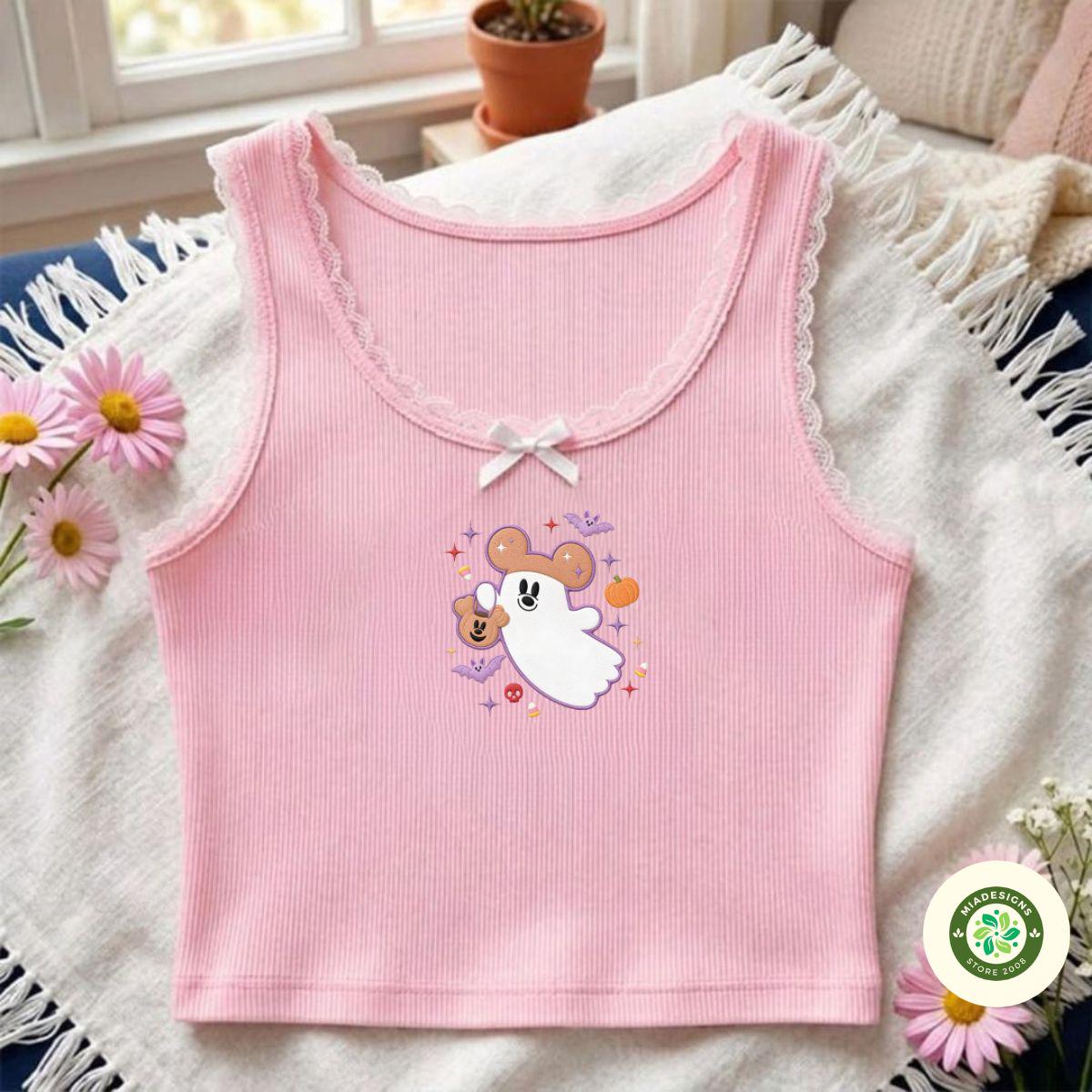 Embroidered Mickey Boo to You Lace Trim Tank Top with Ghost and Pumpkin – WDW Disneyland Halloween Party Baby Tee Crop Tank - photo 4