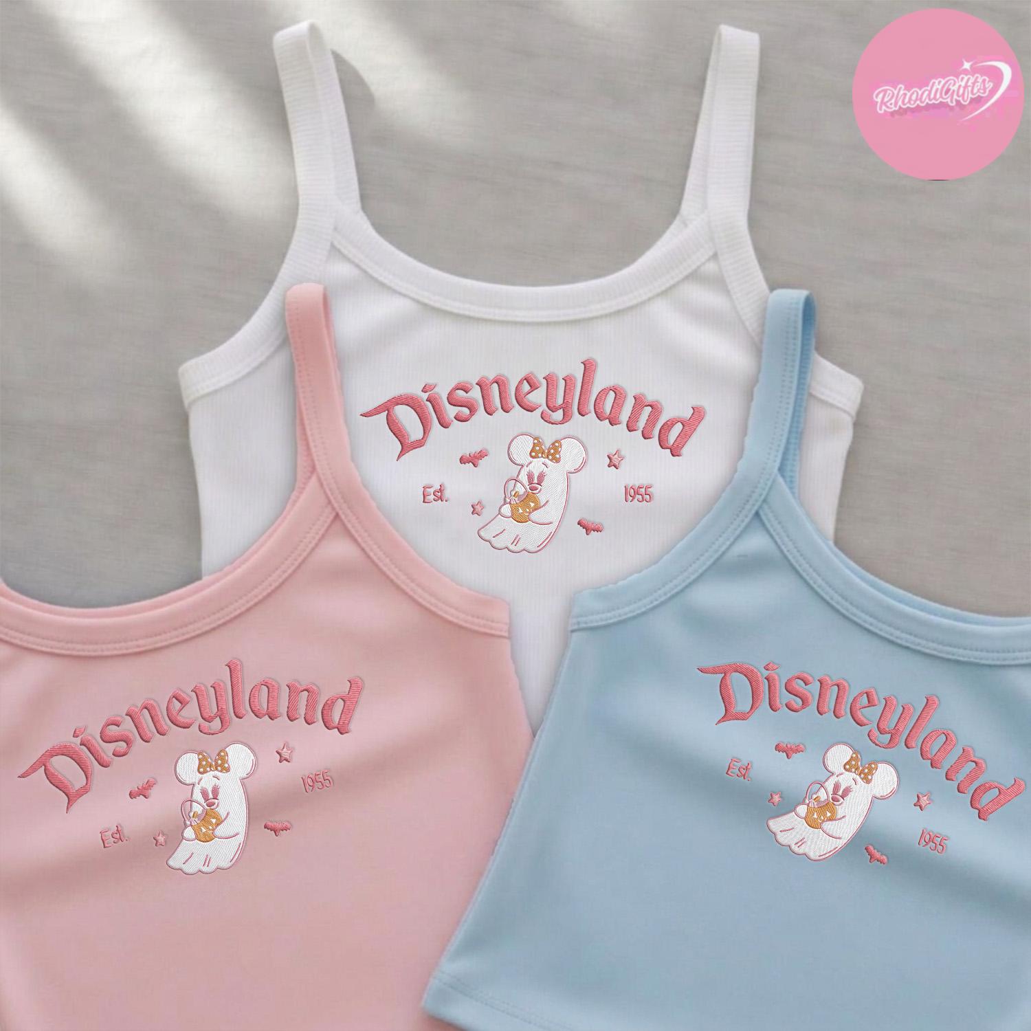 Embroidered Minnie Pink Ghost Halloween Lace Trim Tank Top for Disneyland and Disney World – Spooky Season Girls Trip Crop Tank - photo 2