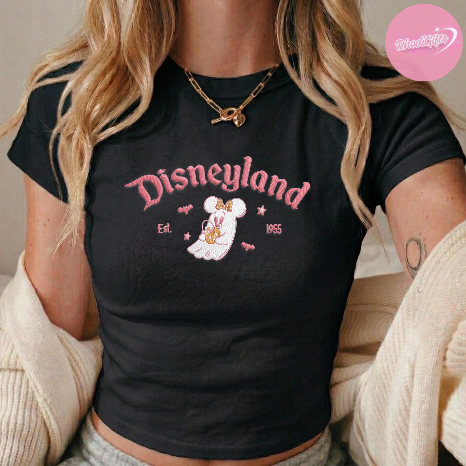 Embroidered Minnie Pink Ghost Halloween Lace Trim Tank Top for Disneyland and Disney World – Spooky Season Girls Trip Crop Tank - photo 3