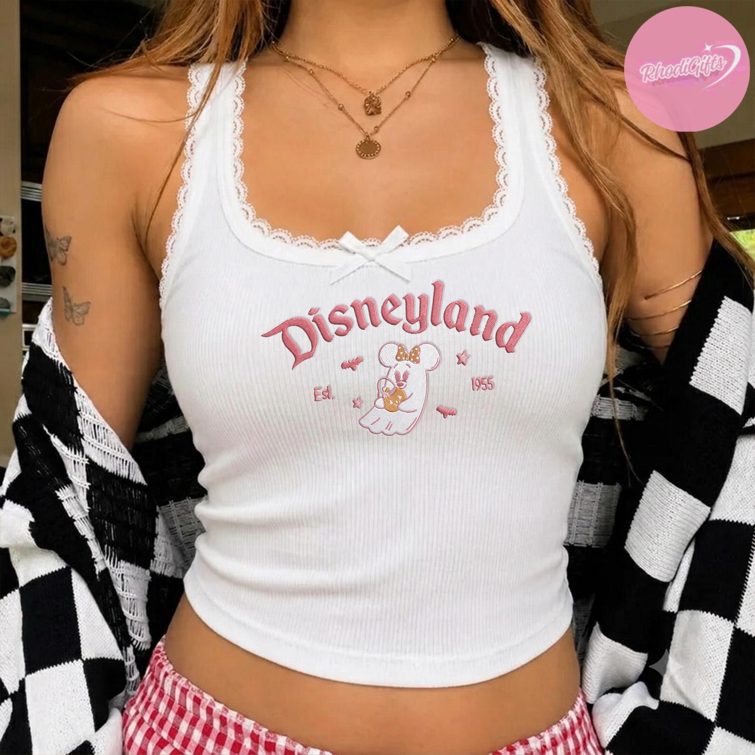 Embroidered Minnie Pink Ghost Halloween Lace Trim Tank Top for Disneyland and Disney World – Spooky Season Girls Trip Crop Tank - photo 5