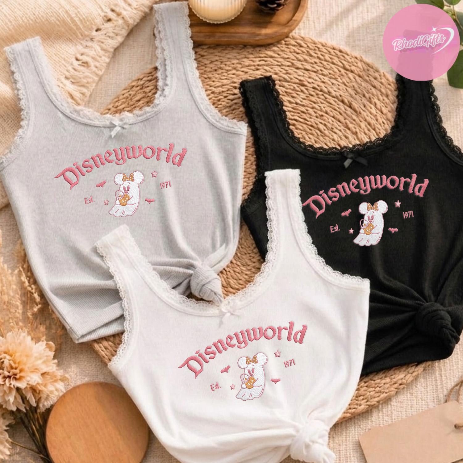 Embroidered Minnie Pink Ghost Halloween Lace Trim Tank Top for Disneyland and Disney World – Spooky Season Girls Trip Crop Tank - photo 6