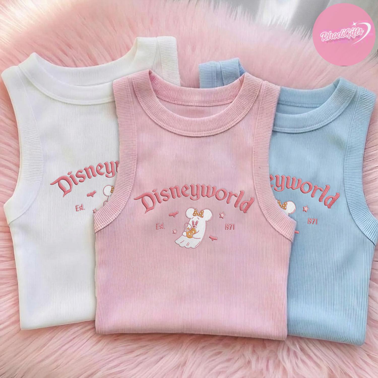 Embroidered Minnie Pink Ghost Halloween Lace Trim Tank Top for Disneyland and Disney World – Spooky Season Girls Trip Crop Tank - photo 7