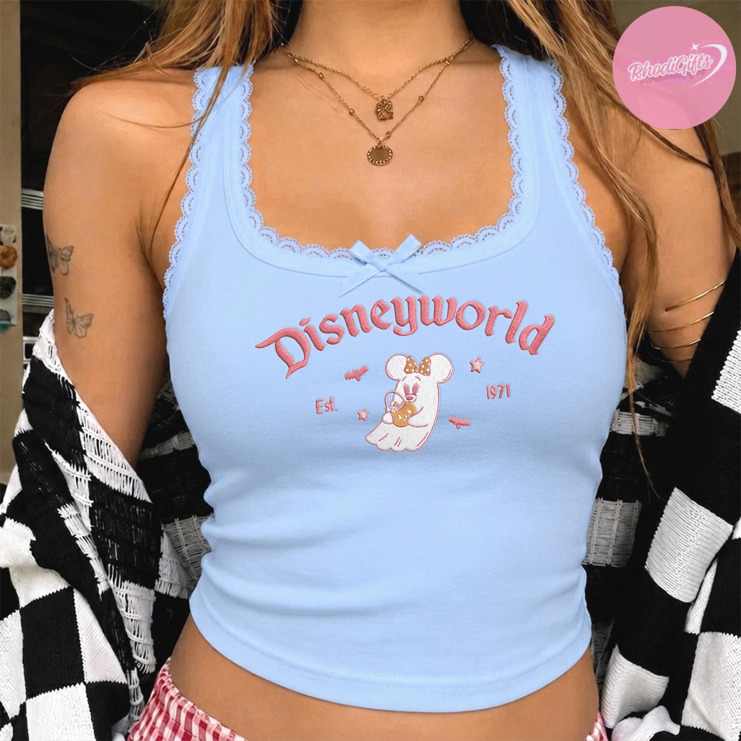 Embroidered Minnie Pink Ghost Halloween Lace Trim Tank Top for Disneyland and Disney World – Spooky Season Girls Trip Crop Tank - photo 8