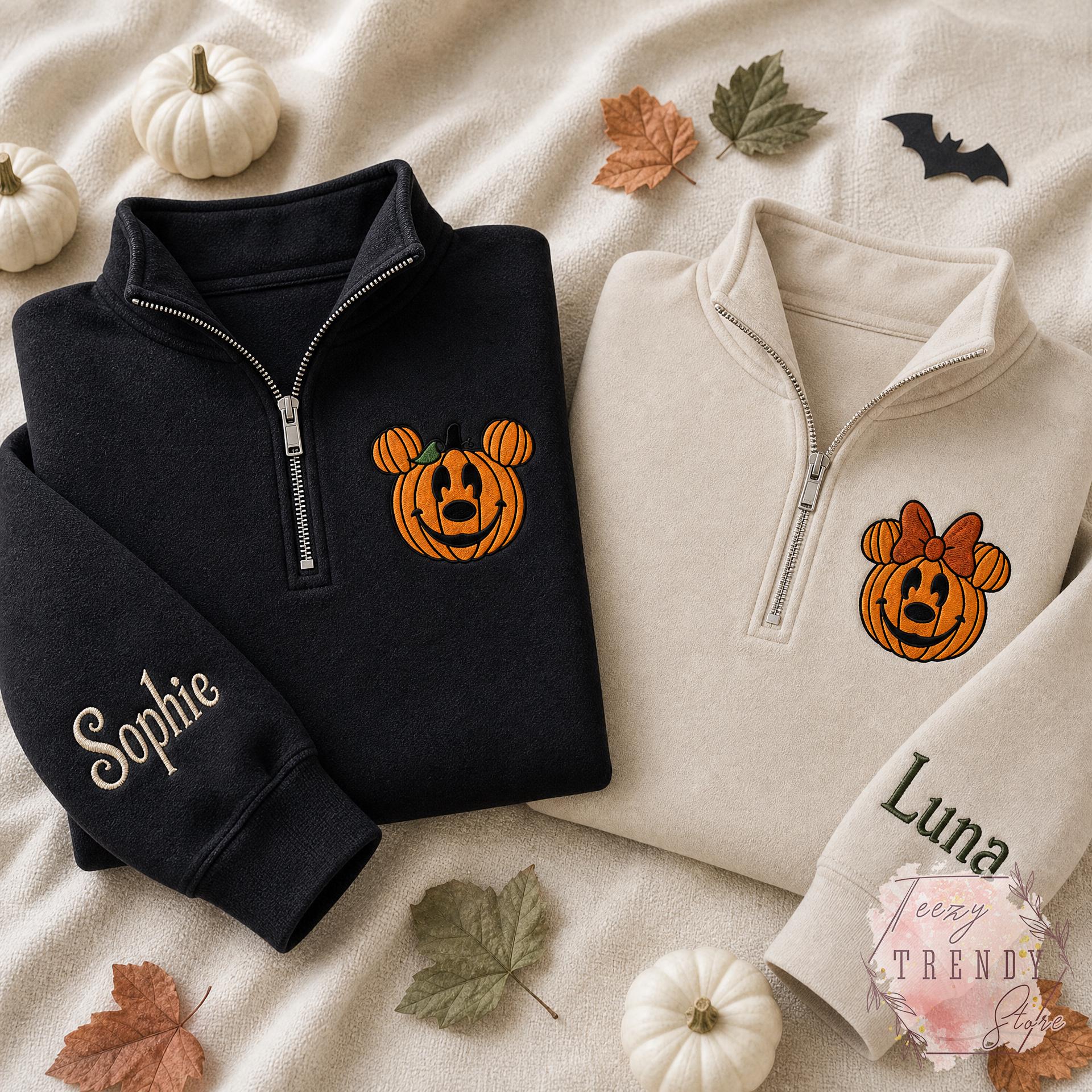 Embroidered Mickey and Minnie Halloween Quarter Zip Sweatshirt – Disney Fall Vibes Spooky Season Matching Couple Shirt