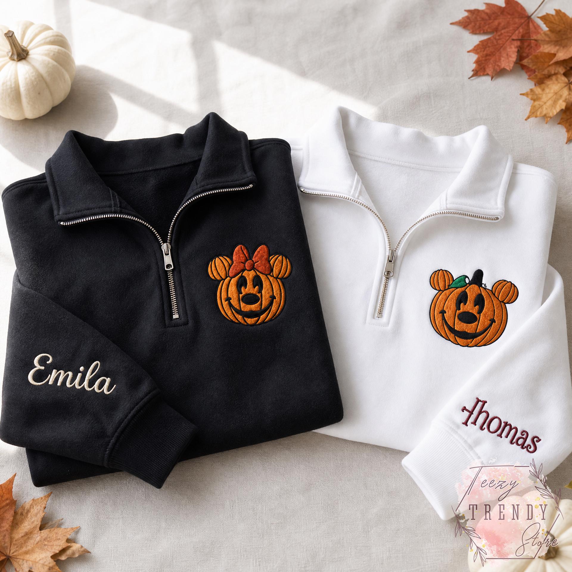 Embroidered Mickey and Minnie Halloween Quarter Zip Sweatshirt – Disney Fall Vibes Spooky Season Matching Couple Shirt - photo 2