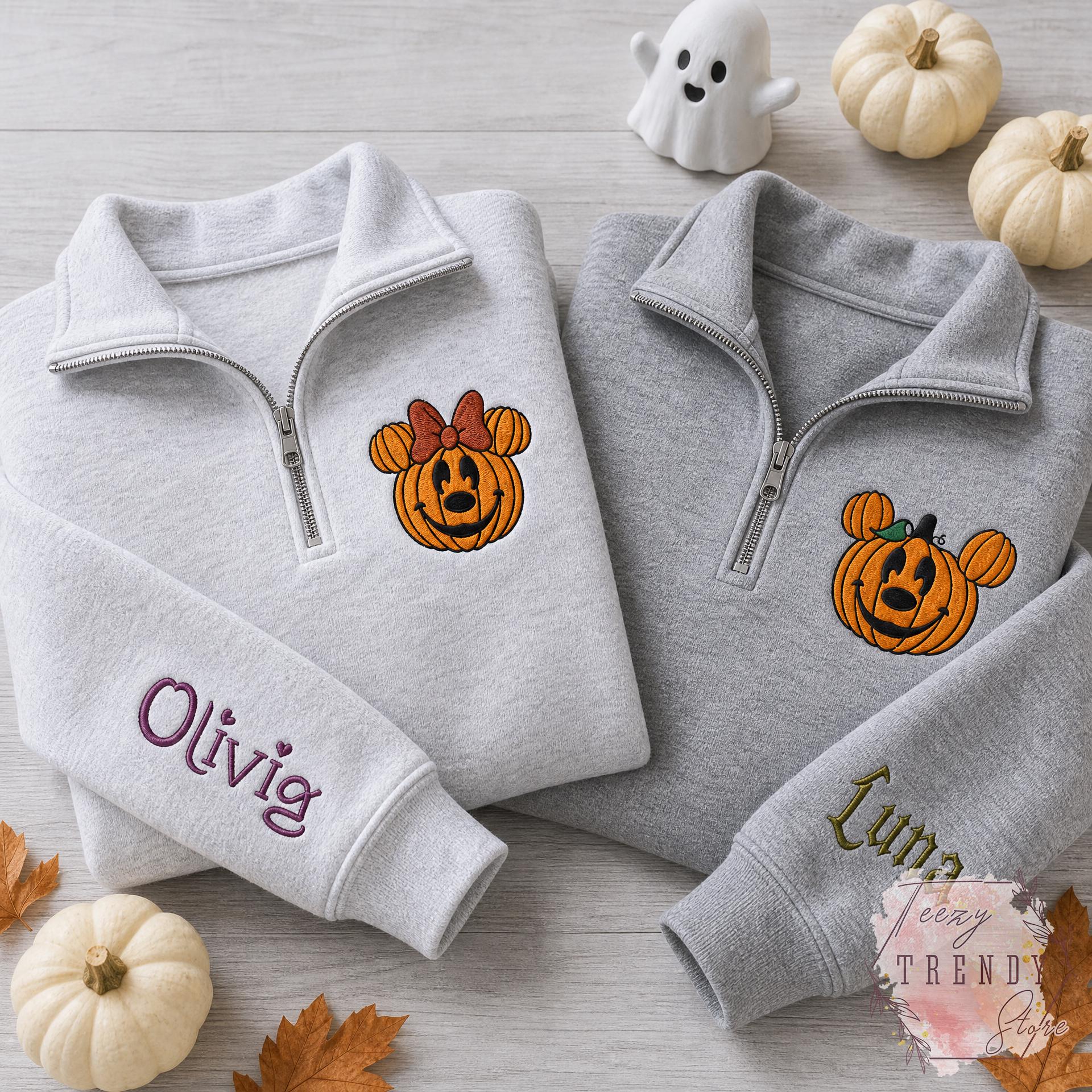 Embroidered Mickey and Minnie Halloween Quarter Zip Sweatshirt – Disney Fall Vibes Spooky Season Matching Couple Shirt - photo 3