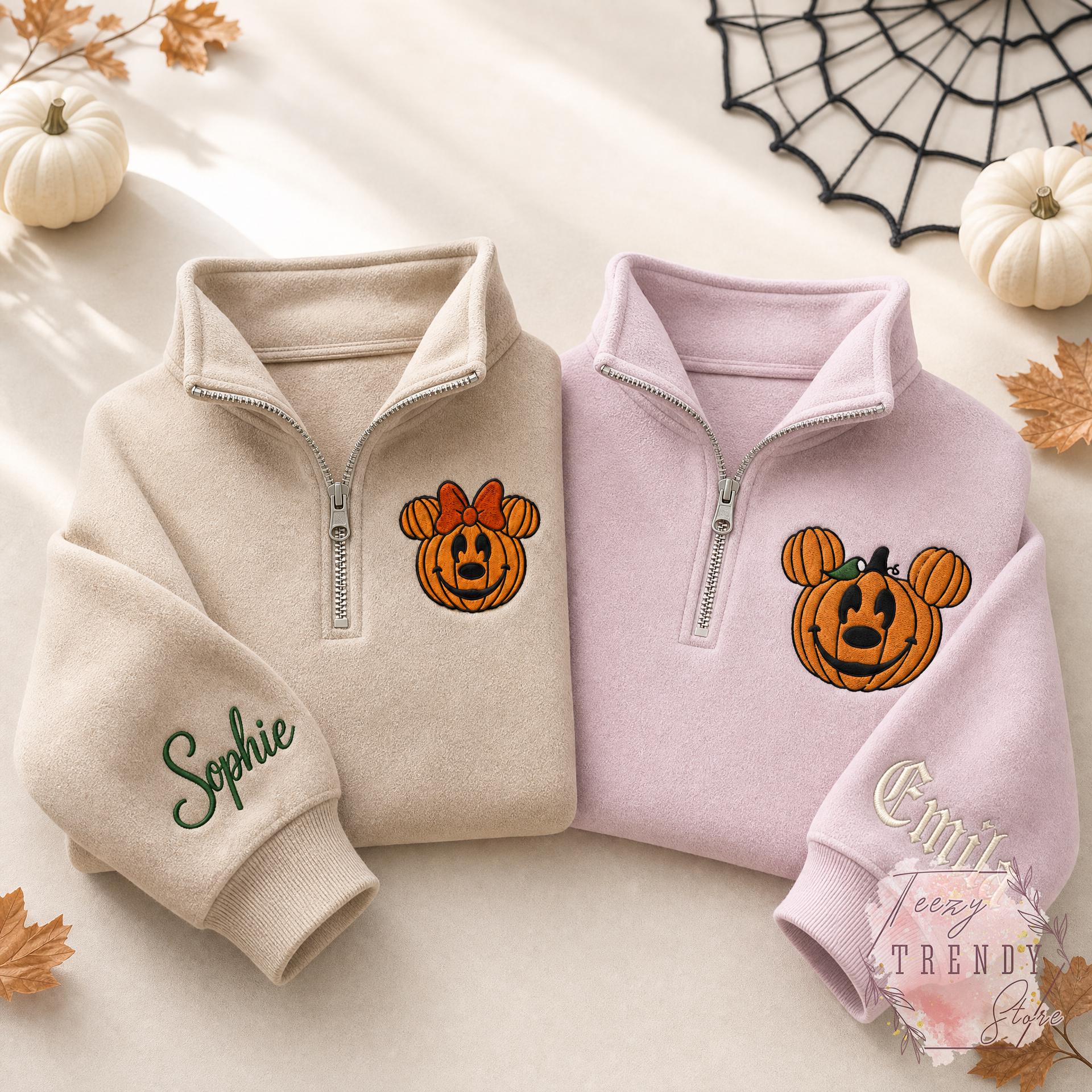 Embroidered Mickey and Minnie Halloween Quarter Zip Sweatshirt – Disney Fall Vibes Spooky Season Matching Couple Shirt - photo 4