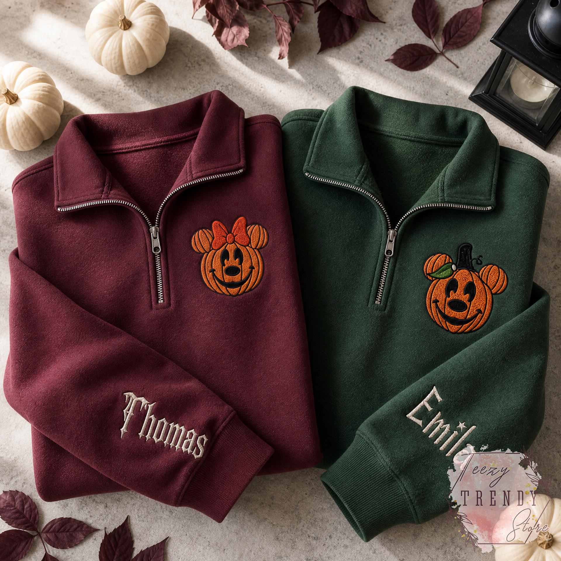 Embroidered Mickey and Minnie Halloween Quarter Zip Sweatshirt – Disney Fall Vibes Spooky Season Matching Couple Shirt - photo 5