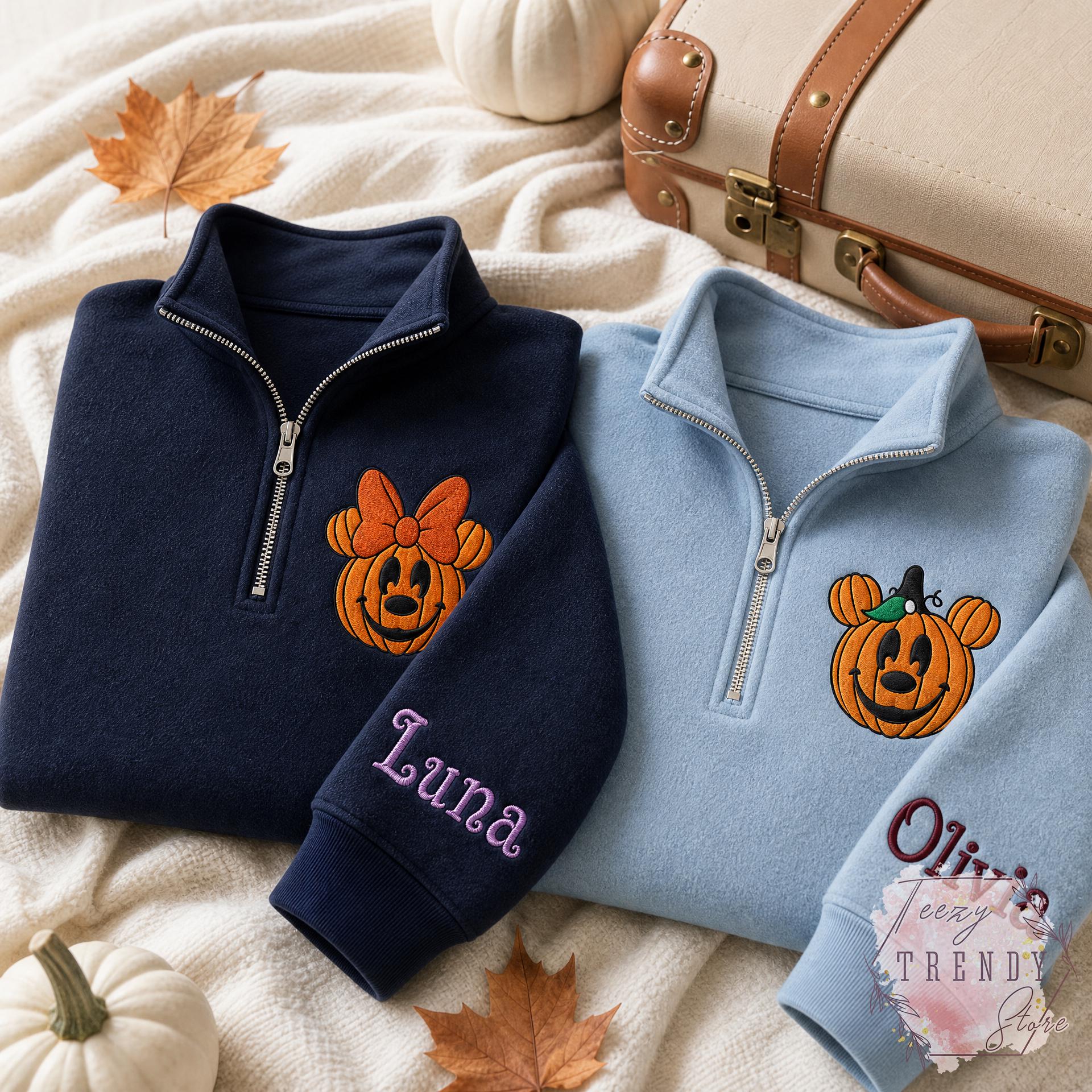 Embroidered Mickey and Minnie Halloween Quarter Zip Sweatshirt – Disney Fall Vibes Spooky Season Matching Couple Shirt - photo 6