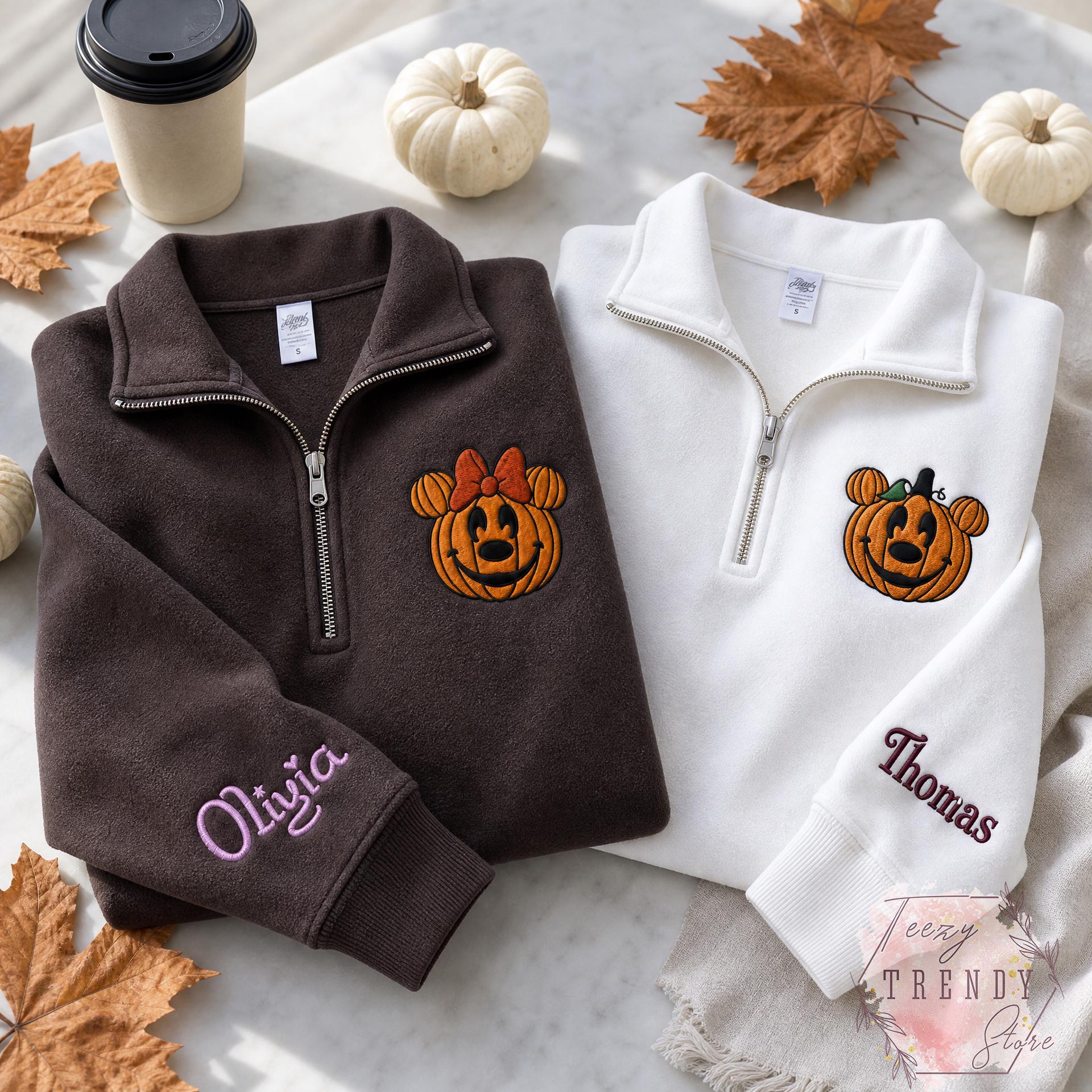 Embroidered Mickey and Minnie Halloween Quarter Zip Sweatshirt – Disney Fall Vibes Spooky Season Matching Couple Shirt - photo 7