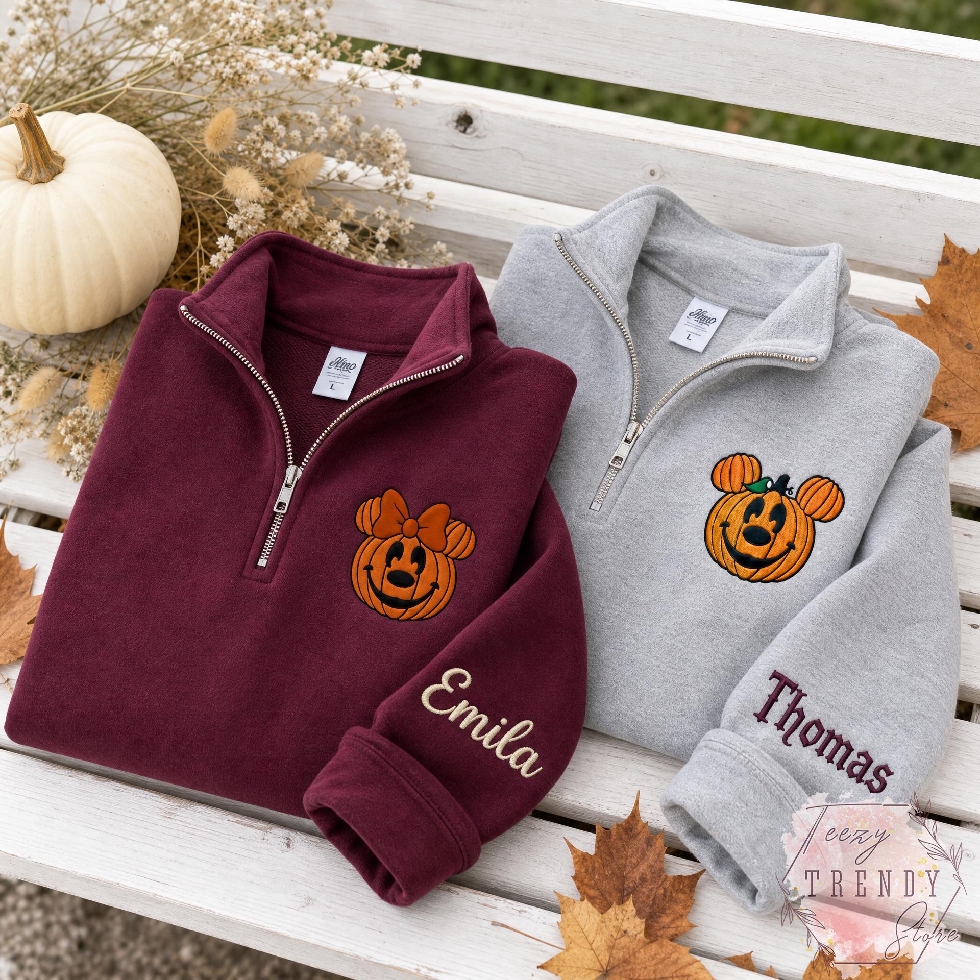 Embroidered Mickey and Minnie Halloween Quarter Zip Sweatshirt – Disney Fall Vibes Spooky Season Matching Couple Shirt - photo 8