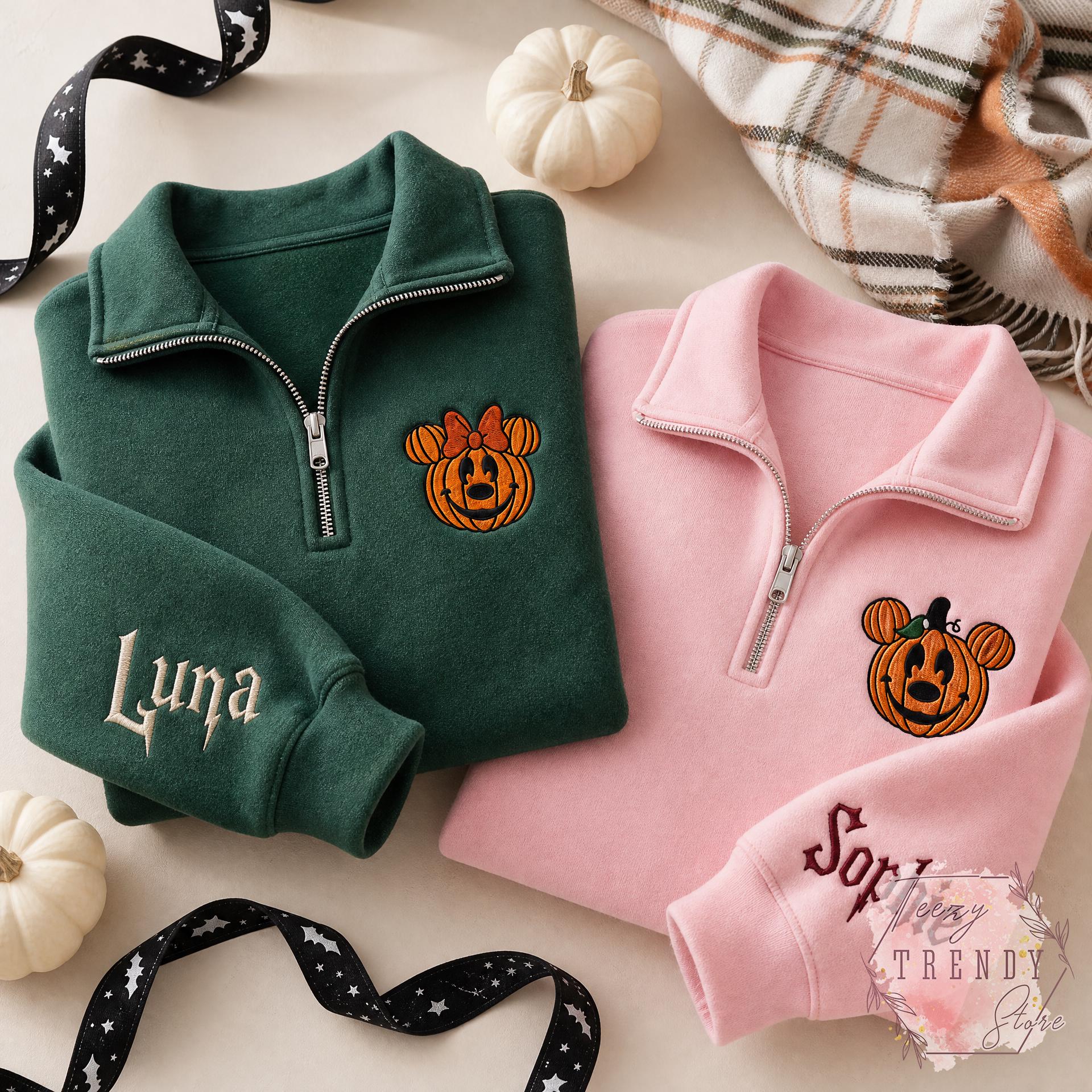 Embroidered Mickey and Minnie Halloween Quarter Zip Sweatshirt – Disney Fall Vibes Spooky Season Matching Couple Shirt - photo 9