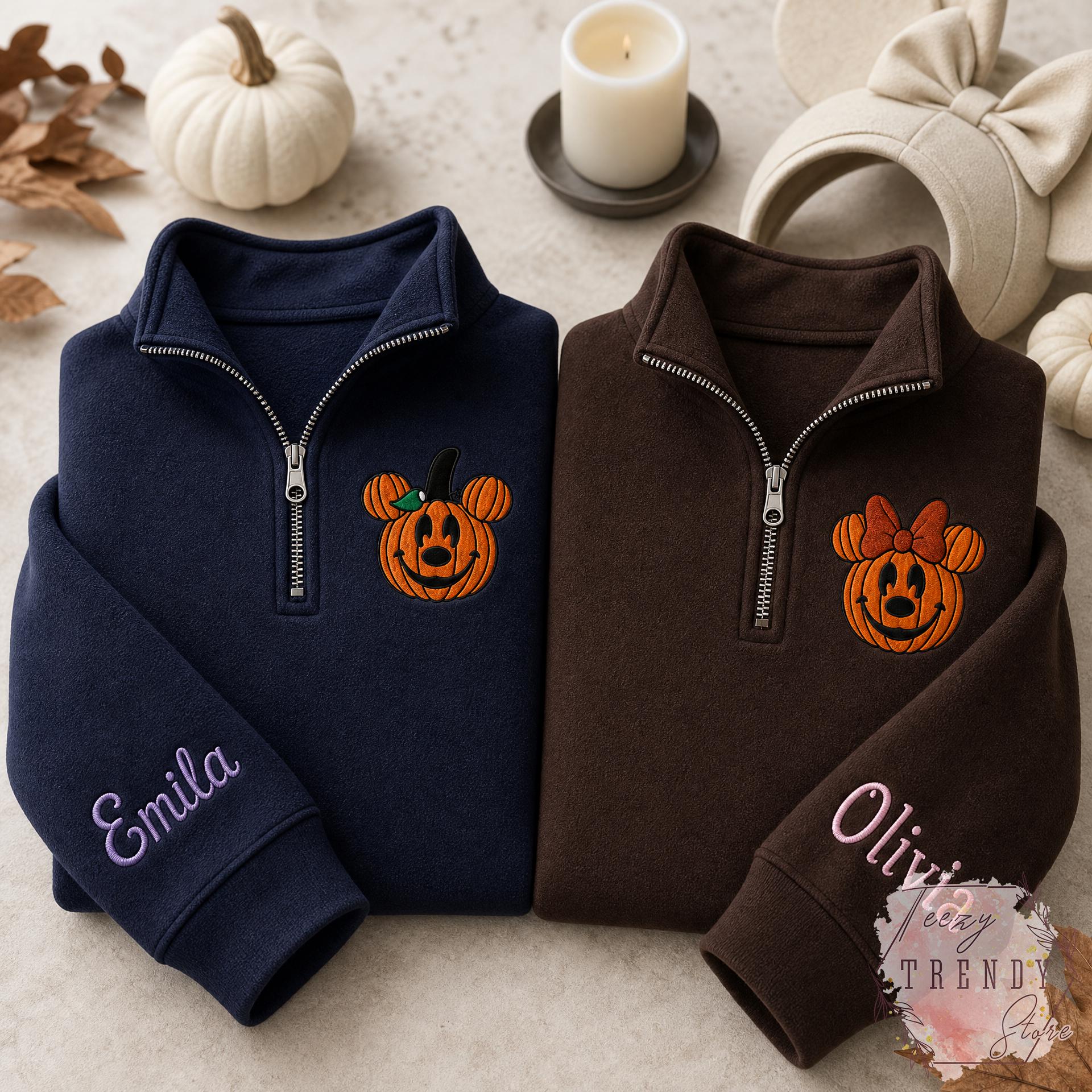 Embroidered Mickey and Minnie Halloween Quarter Zip Sweatshirt – Disney Fall Vibes Spooky Season Matching Couple Shirt - photo 10