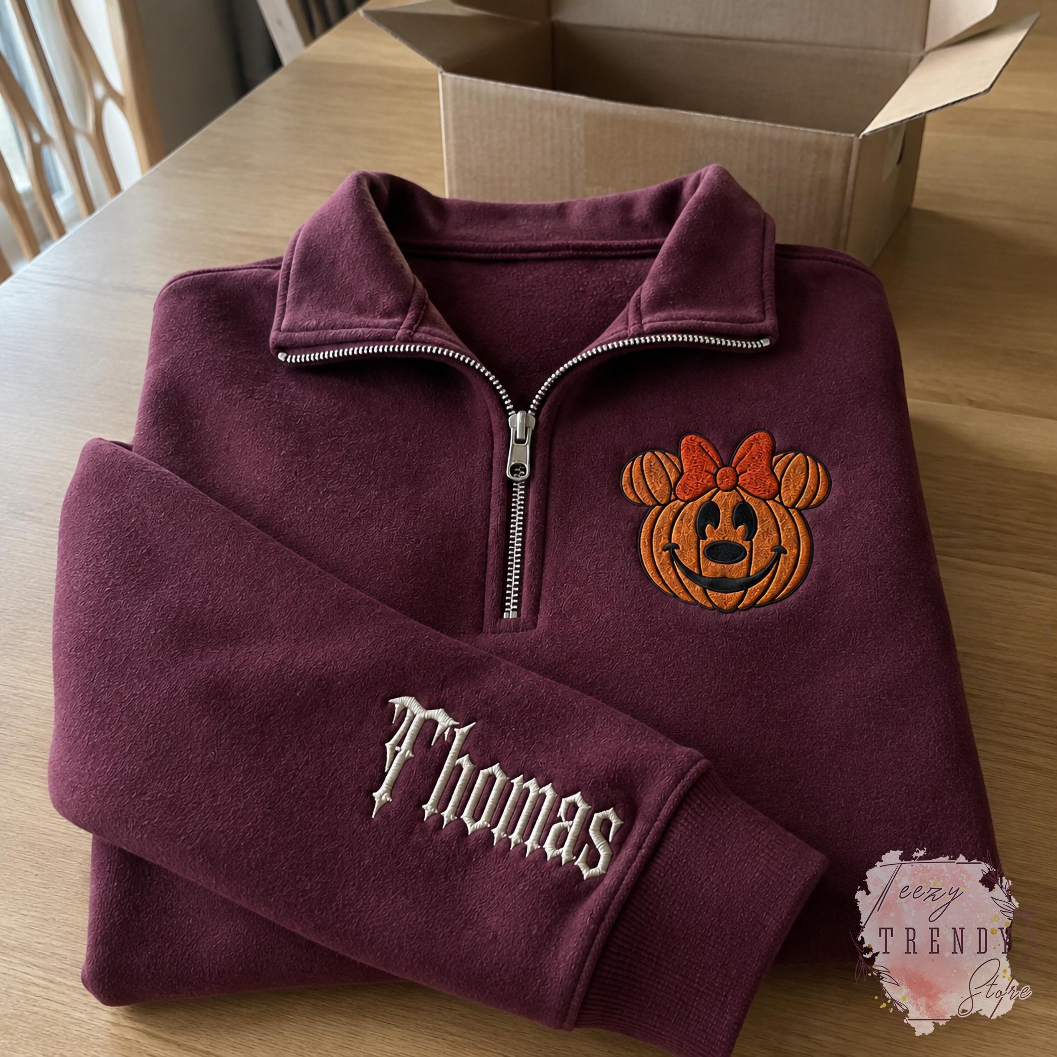 Embroidered Mickey and Minnie Halloween Quarter Zip Sweatshirt – Disney Fall Vibes Spooky Season Matching Couple Shirt - photo 11