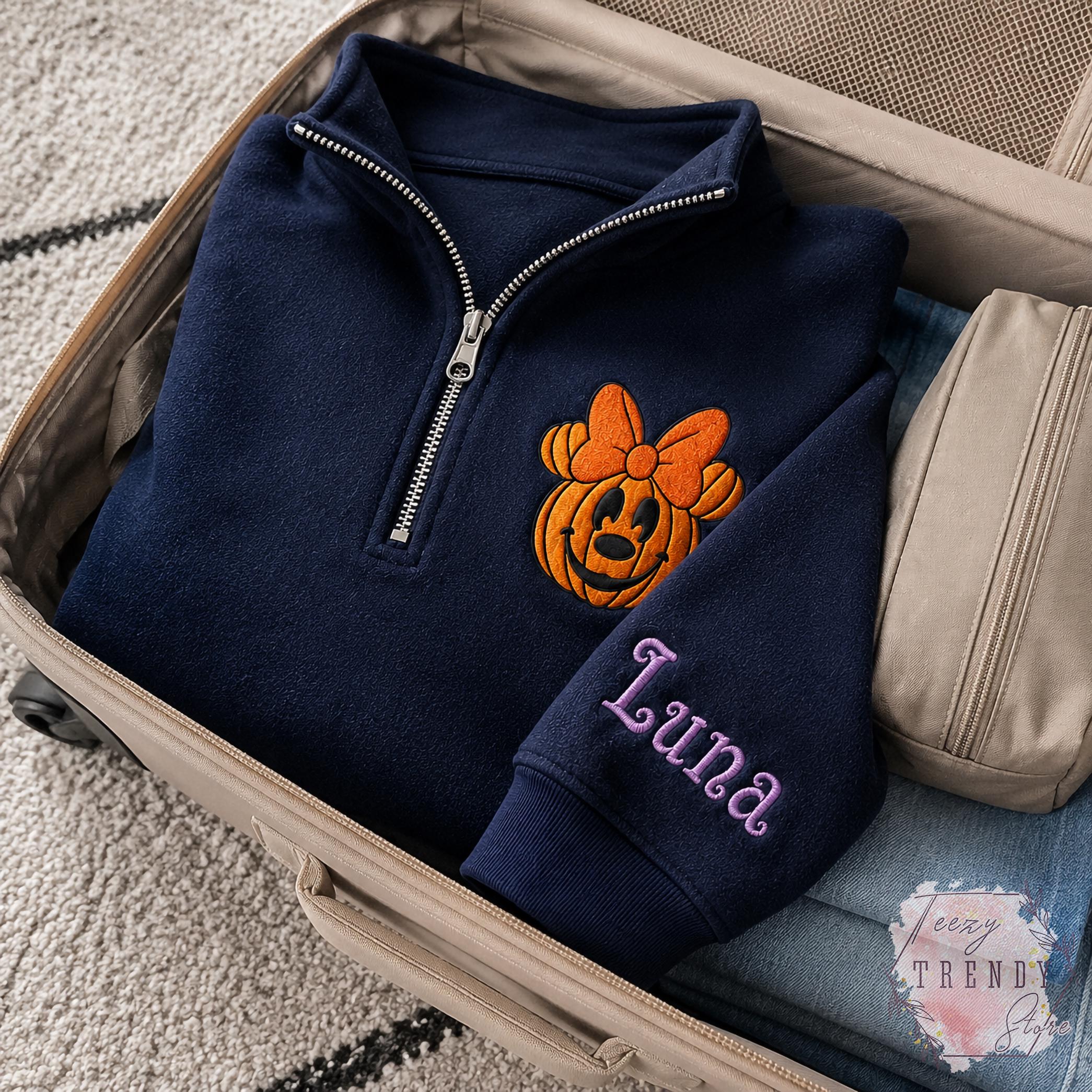 Embroidered Mickey and Minnie Halloween Quarter Zip Sweatshirt – Disney Fall Vibes Spooky Season Matching Couple Shirt - photo 12