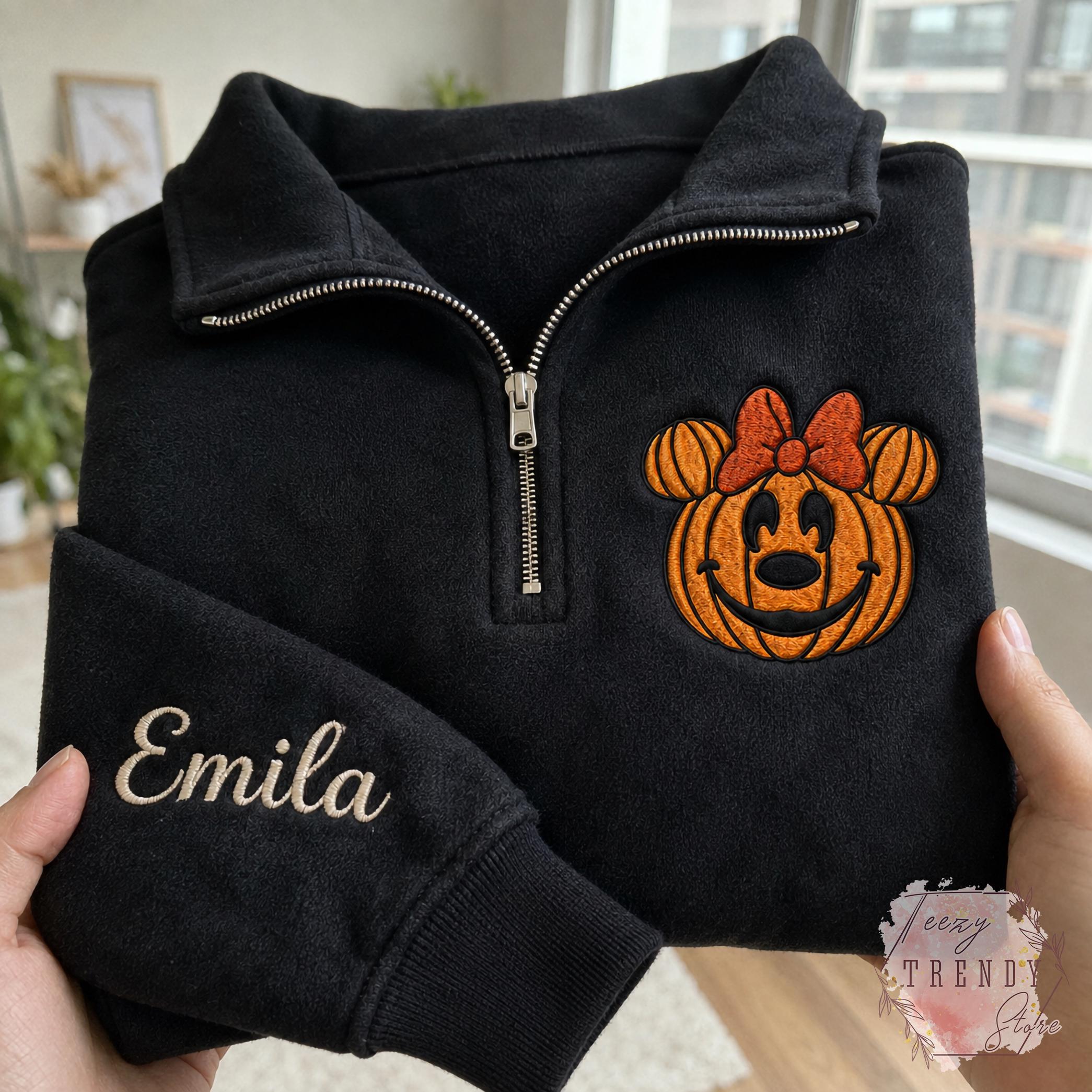Embroidered Mickey and Minnie Halloween Quarter Zip Sweatshirt – Disney Fall Vibes Spooky Season Matching Couple Shirt - photo 13