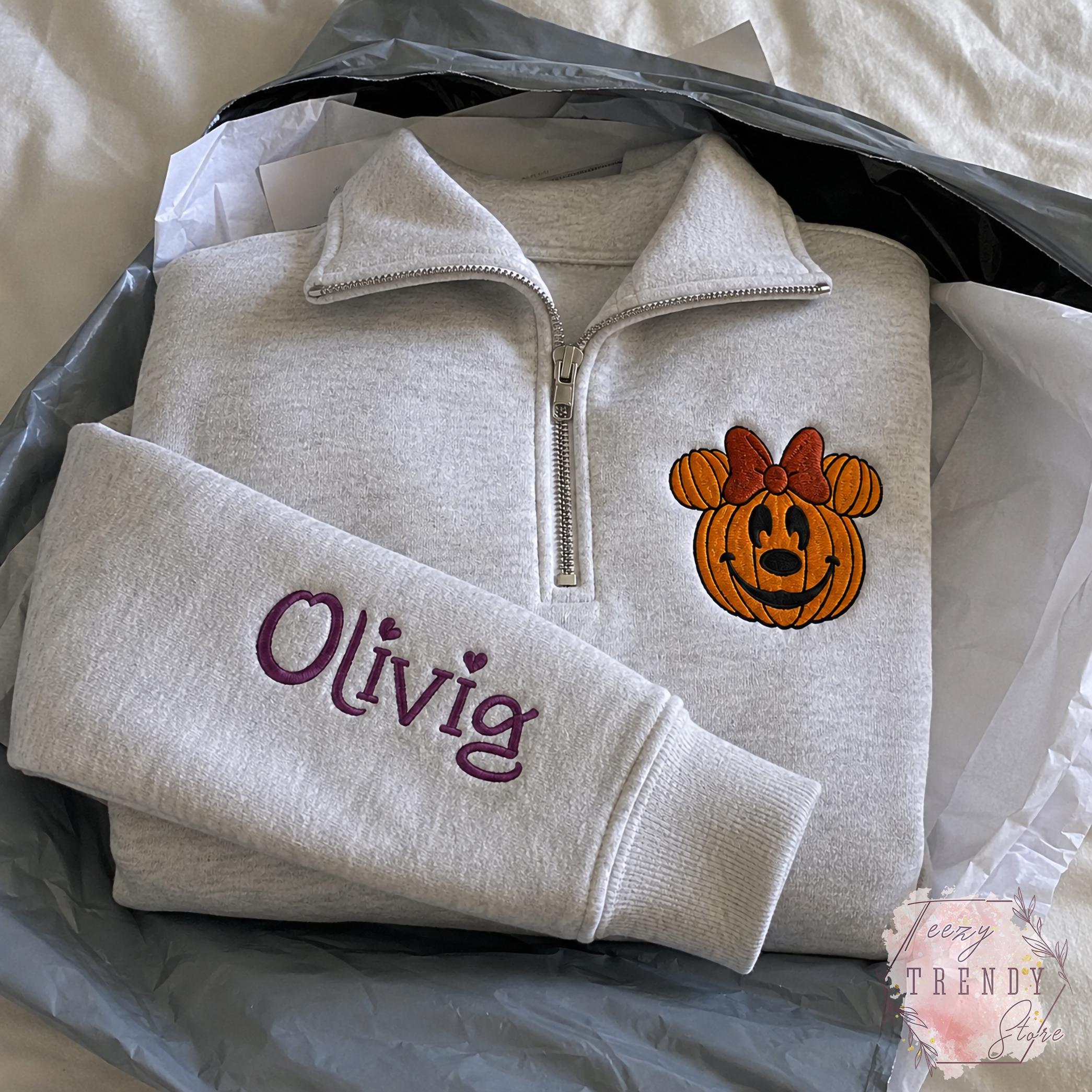 Embroidered Mickey and Minnie Halloween Quarter Zip Sweatshirt – Disney Fall Vibes Spooky Season Matching Couple Shirt - photo 14