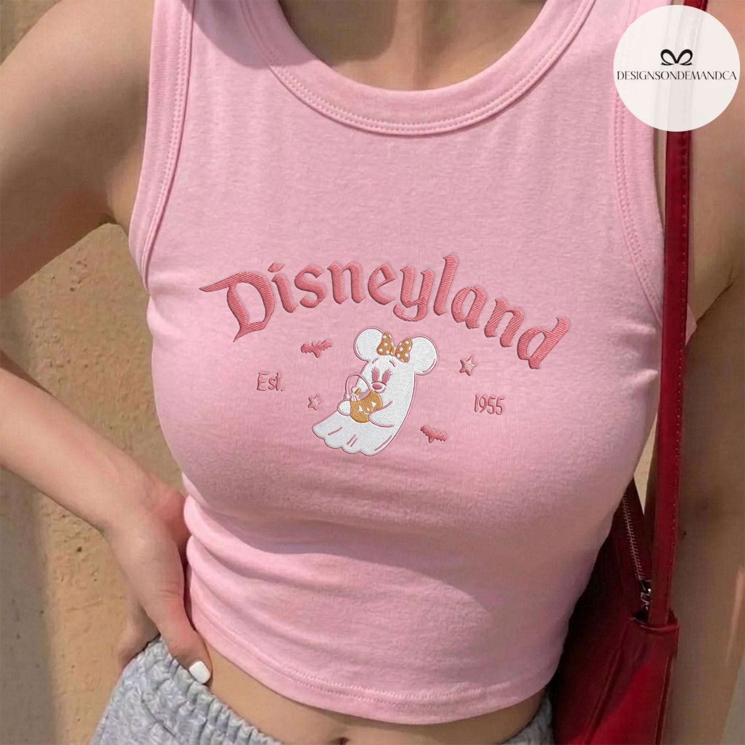 Embroidered Minnie Pink Ghost Halloween Crop Tank with Lace Trim – Disneyland and Disney World Spooky Season Girls Trip Tank Top