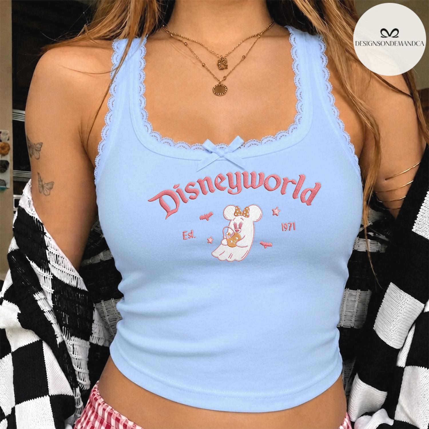 Embroidered Minnie Pink Ghost Halloween Crop Tank with Lace Trim – Disneyland and Disney World Spooky Season Girls Trip Tank Top - photo 3