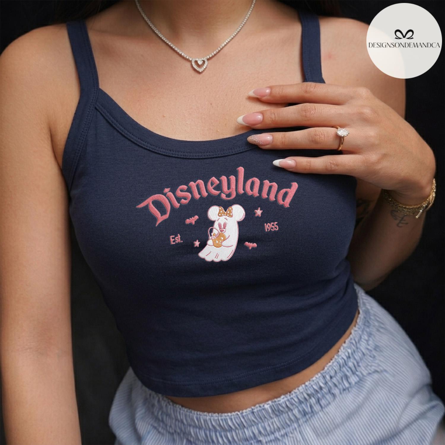 Embroidered Minnie Pink Ghost Halloween Crop Tank with Lace Trim – Disneyland and Disney World Spooky Season Girls Trip Tank Top - photo 4