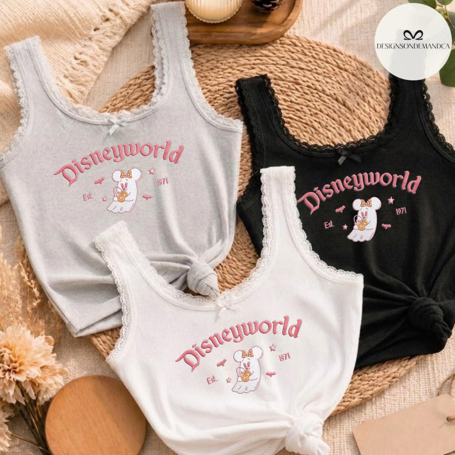 Embroidered Minnie Pink Ghost Halloween Crop Tank with Lace Trim – Disneyland and Disney World Spooky Season Girls Trip Tank Top - photo 7