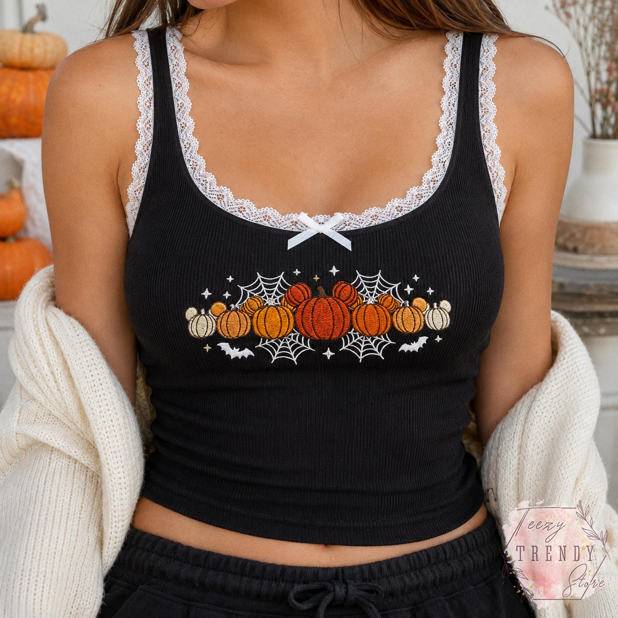 Embroidered Mickey Pumpkin Lace Trim Tank Top and Disney Halloween Baby Tee – Spooky Season Shirt for a Fall Vibes WDW Trip Outfit - photo 3