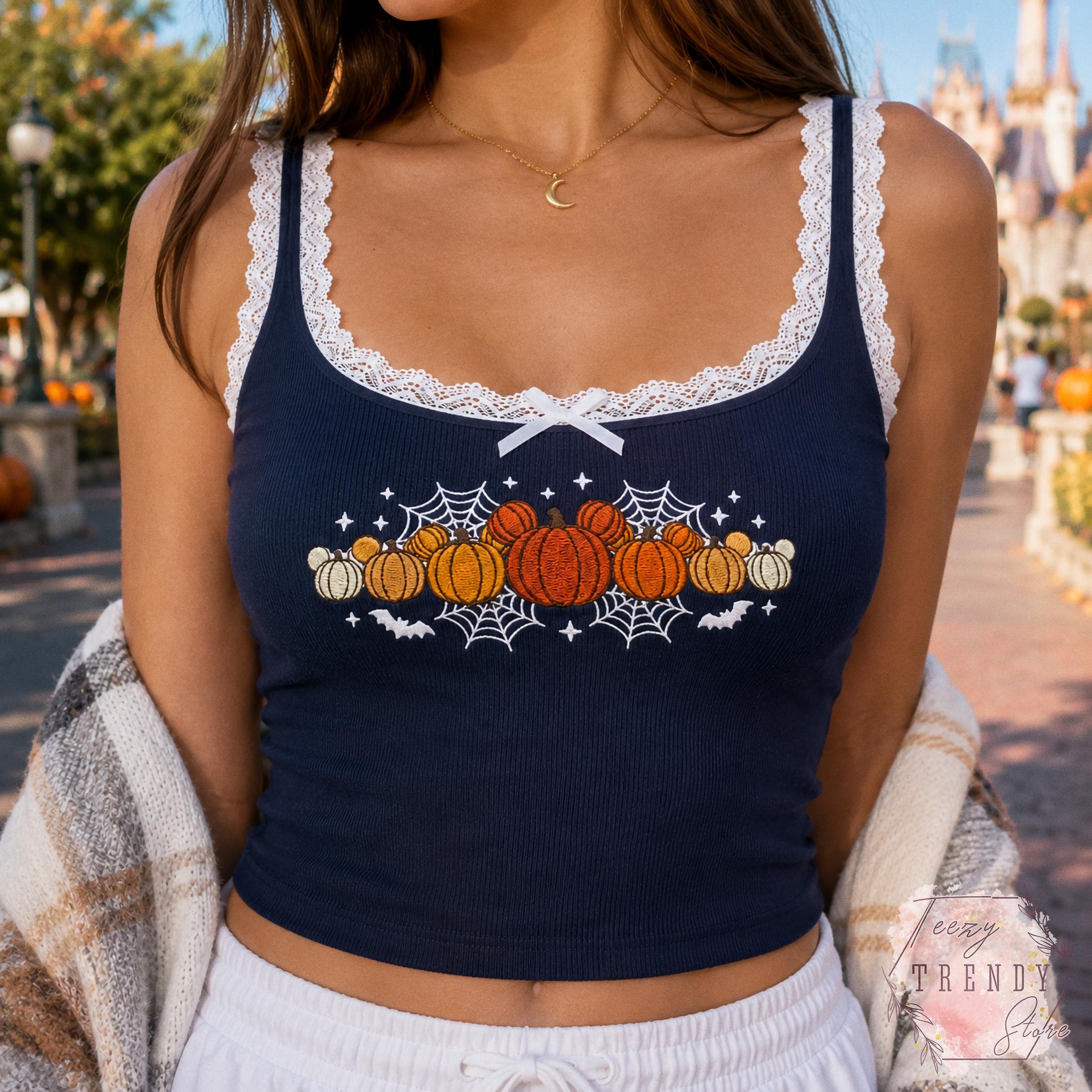 Embroidered Mickey Pumpkin Lace Trim Tank Top and Disney Halloween Baby Tee – Spooky Season Shirt for a Fall Vibes WDW Trip Outfit - photo 4