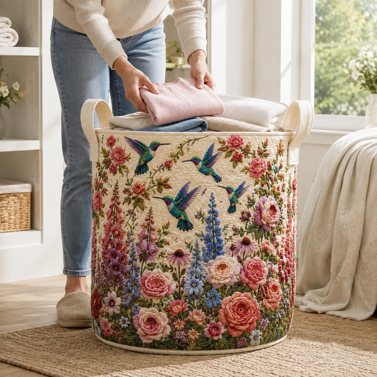 Hummingbird Laundry Basket with Quilt Style Floral Garden Storage Hamper and Pink Wildflower Clothes Bin, Cottagecore Laundry Room Decor