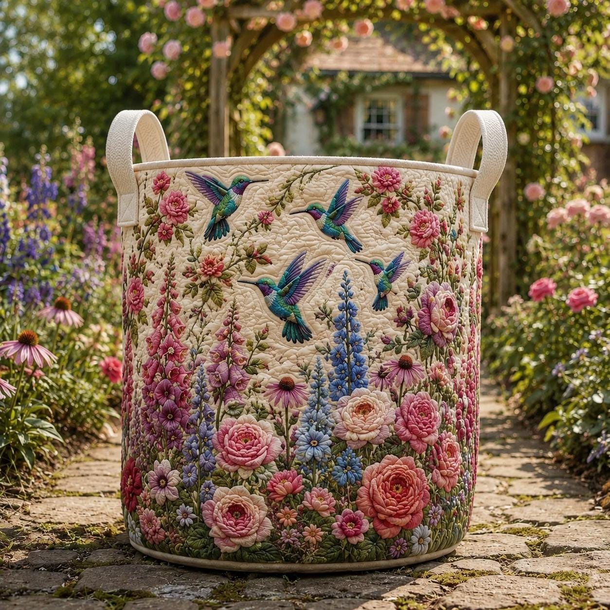 Hummingbird Laundry Basket with Quilt Style Floral Garden Storage Hamper and Pink Wildflower Clothes Bin, Cottagecore Laundry Room Decor - photo 2