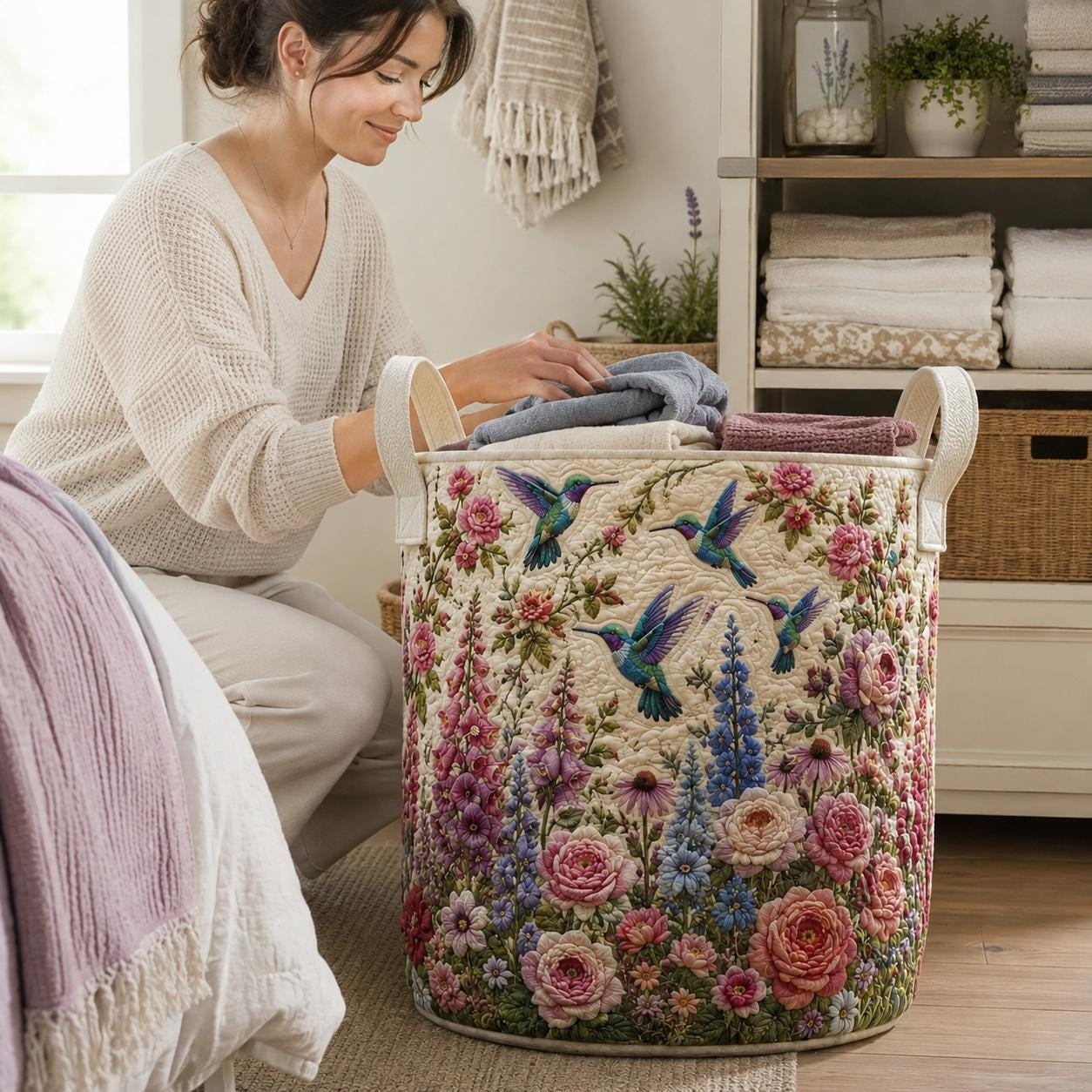 Hummingbird Laundry Basket with Quilt Style Floral Garden Storage Hamper and Pink Wildflower Clothes Bin, Cottagecore Laundry Room Decor - photo 4