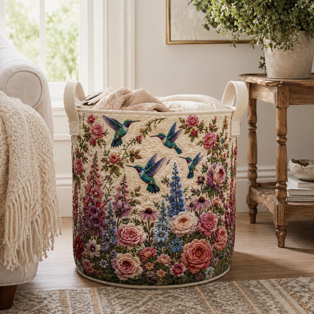 Hummingbird Laundry Basket with Quilt Style Floral Garden Storage Hamper and Pink Wildflower Clothes Bin, Cottagecore Laundry Room Decor - photo 5