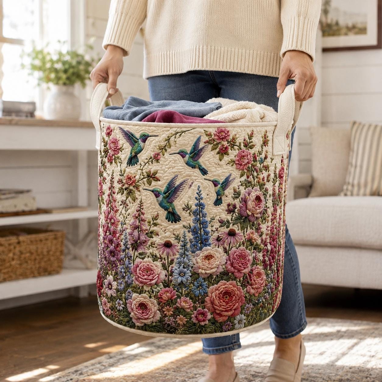 Hummingbird Laundry Basket with Quilt Style Floral Garden Storage Hamper and Pink Wildflower Clothes Bin, Cottagecore Laundry Room Decor - photo 6