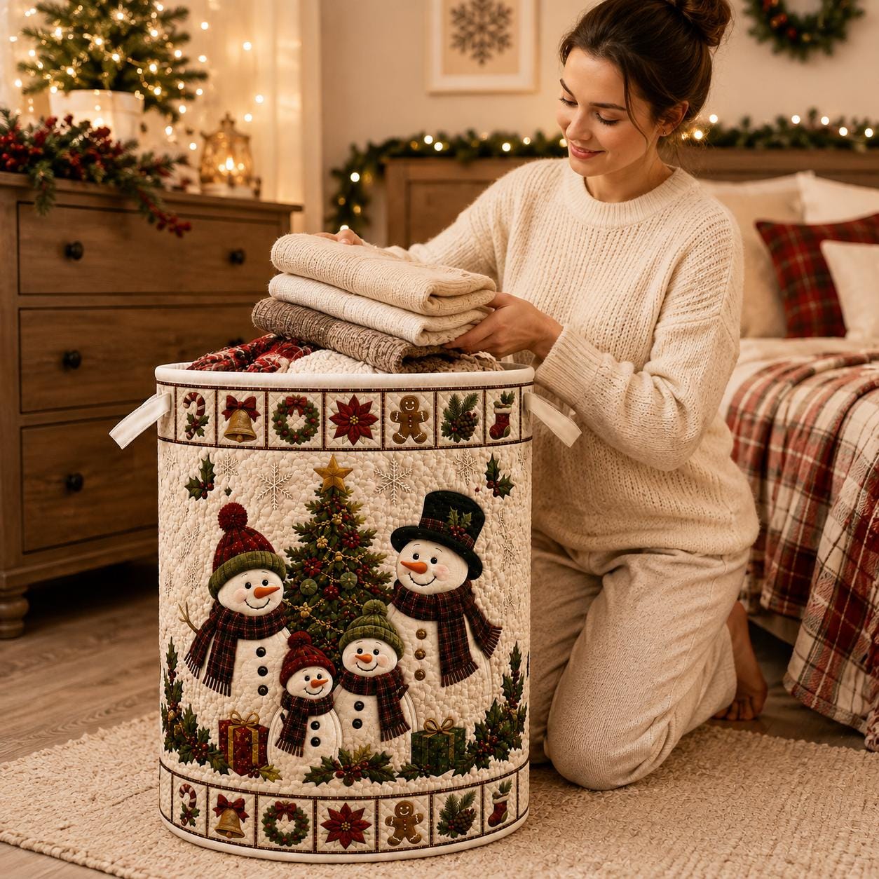 Christmas Snowman Laundry Basket with Quilt Style Holiday Storage Hamper and Family Clothes Bin for Festive Winter Home Decor - photo 2