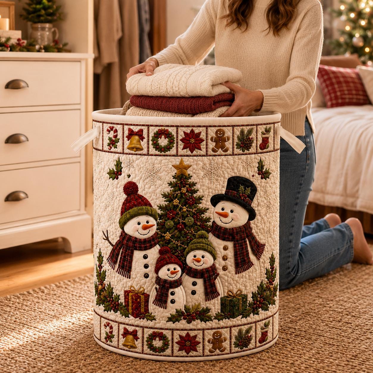 Christmas Snowman Laundry Basket with Quilt Style Holiday Storage Hamper and Family Clothes Bin for Festive Winter Home Decor - photo 4