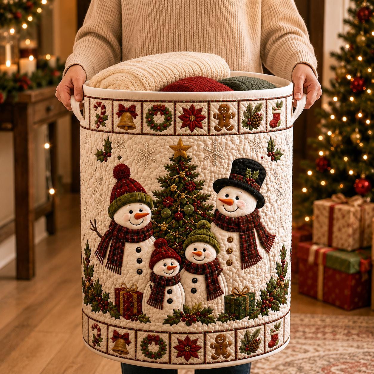 Christmas Snowman Laundry Basket with Quilt Style Holiday Storage Hamper and Family Clothes Bin for Festive Winter Home Decor - photo 6
