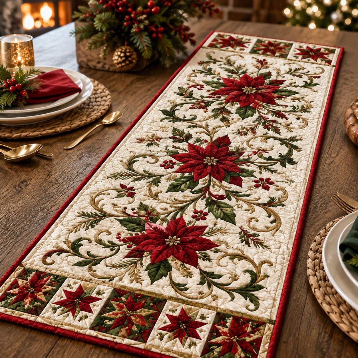 Christmas Poinsettia Table Runner with Quilt Style Holiday Floral and Red Green Print for Farmhouse Winter Dining Decor